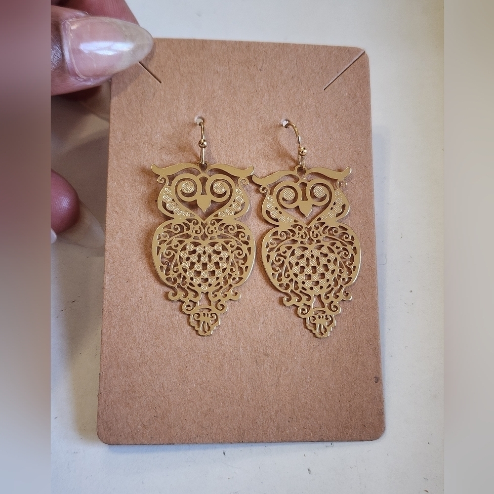 Gold-Toned Dangle Owl Shape Earrings Cut-Out Design